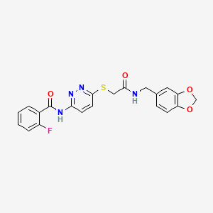 molecular formula C21H17FN4O4S B2566213 N-(6-((2-((苯并[d][1,3]二氧杂环-5-基甲基)氨基)-2-氧代乙基)硫代)吡啶嗪-3-基)-2-氟苯甲酰胺 CAS No. 1021060-83-2