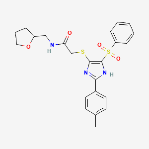 molecular formula C23H25N3O4S2 B2566254 2-{[2-(4-methylphenyl)-4-(phenylsulfonyl)-1H-imidazol-5-yl]sulfanyl}-N-(tetrahydrofuran-2-ylmethyl)acetamide CAS No. 950305-13-2