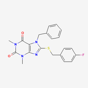 molecular formula C21H19FN4O2S B2566299 7-苄基-8-((4-氟苄基)硫代)-1,3-二甲基-1H-嘌呤-2,6(3H,7H)-二酮 CAS No. 317326-04-8