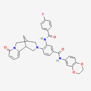 molecular formula C33H29FN4O5 B2566309 N-(2,3-dihydrobenzo[b][1,4]dioxin-6-yl)-3-(4-fluorobenzamido)-4-(8-oxo-5,6-dihydro-1H-1,5-methanopyrido[1,2-a][1,5]diazocin-3(2H,4H,8H)-yl)benzamide CAS No. 441048-26-6