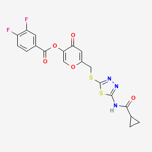 molecular formula C19H13F2N3O5S2 B2566320 6-(((5-(cyclopropanecarboxamido)-1,3,4-thiadiazol-2-yl)thio)methyl)-4-oxo-4H-pyran-3-yl 3,4-difluorobenzoate CAS No. 877651-32-6