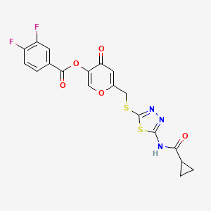 molecular formula C19H13F2N3O5S2 B2566320 6-(((5-(环丙烷甲酰胺)-1,3,4-噻二唑-2-基)硫代)甲基)-4-氧代-4H-吡喃-3-基 3,4-二氟苯甲酸酯 CAS No. 877651-32-6