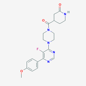 molecular formula C21H24FN5O3 B2566334 4-[4-[5-氟-6-(4-甲氧基苯基)嘧啶-4-基]哌嗪-1-羰基]哌啶-2-酮 CAS No. 2380100-10-5