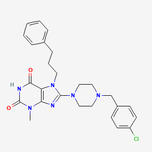 molecular formula C26H29ClN6O2 B2566348 8-(4-(4-chlorobenzyl)piperazin-1-yl)-3-methyl-7-(3-phenylpropyl)-1H-purine-2,6(3H,7H)-dione CAS No. 886910-65-2