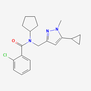 molecular formula C20H24ClN3O B2566365 2-chloro-N-cyclopentyl-N-((5-cyclopropyl-1-methyl-1H-pyrazol-3-yl)methyl)benzamide CAS No. 1795442-91-9
