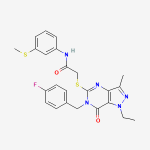 molecular formula C24H24FN5O2S2 B2566369 2-({1-乙基-6-[(4-氟苯基)甲基]-3-甲基-7-氧代-1H,6H,7H-吡唑并[4,3-d]嘧啶-5-基}硫烷基)-N-[3-(甲硫烷基)苯基]乙酰胺 CAS No. 1359174-39-2