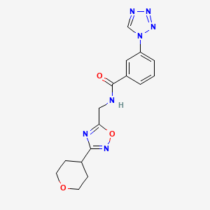 molecular formula C16H17N7O3 B2566382 N-((3-(四氢-2H-吡喃-4-基)-1,2,4-恶二唑-5-基)甲基)-3-(1H-四唑-1-基)苯甲酰胺 CAS No. 2034534-55-7