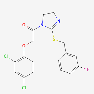 molecular formula C18H15Cl2FN2O2S B2566386 2-(2,4-Dichlorophenoxy)-1-[2-[(3-fluorophenyl)methylsulfanyl]-4,5-dihydroimidazol-1-yl]ethanone CAS No. 862826-77-5