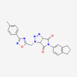 molecular formula C23H20N6O3 B2566393 5-(2,3-dihydro-1H-inden-5-yl)-1-((3-(p-tolyl)-1,2,4-oxadiazol-5-yl)methyl)-1,6a-dihydropyrrolo[3,4-d][1,2,3]triazole-4,6(3aH,5H)-dione CAS No. 1172471-29-2