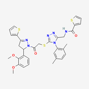 molecular formula C33H32N6O4S3 B2566403 N-((5-((2-(5-(2,3-dimethoxyphenyl)-3-(thiophen-2-yl)-4,5-dihydro-1H-pyrazol-1-yl)-2-oxoethyl)thio)-4-(2,5-dimethylphenyl)-4H-1,2,4-triazol-3-yl)methyl)thiophene-2-carboxamide CAS No. 362508-65-4