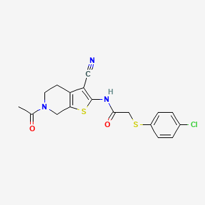 molecular formula C18H16ClN3O2S2 B2566447 N-(6-acetyl-3-cyano-5,7-dihydro-4H-thieno[2,3-c]pyridin-2-yl)-2-(4-chlorophenyl)sulfanylacetamide CAS No. 895471-79-1