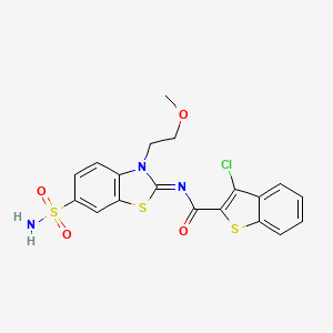 molecular formula C19H16ClN3O4S3 B2566513 3-chloro-N-[3-(2-methoxyethyl)-6-sulfamoyl-1,3-benzothiazol-2-ylidene]-1-benzothiophene-2-carboxamide CAS No. 1164472-36-9