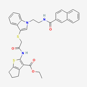 molecular formula C33H31N3O4S2 B2566533 ethyl 2-[[2-[1-[2-(naphthalene-2-carbonylamino)ethyl]indol-3-yl]sulfanylacetyl]amino]-5,6-dihydro-4H-cyclopenta[b]thiophene-3-carboxylate CAS No. 533865-70-2