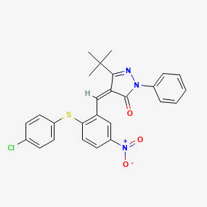 molecular formula C26H22ClN3O3S B2566542 (4Z)-5-tert-butyl-4-[[2-(4-chlorophenyl)sulfanyl-5-nitrophenyl]methylidene]-2-phenylpyrazol-3-one CAS No. 1024741-19-2