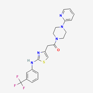 molecular formula C21H20F3N5OS B2566554 1-(4-(Pyridin-2-yl)piperazin-1-yl)-2-(2-((3-(trifluoromethyl)phenyl)amino)thiazol-4-yl)ethanone CAS No. 1105211-26-4