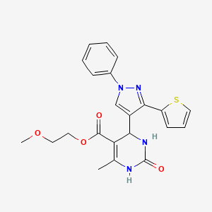 molecular formula C22H22N4O4S B2566585 6-甲基-2-氧代-4-(1-苯基-3-(噻吩-2-基)-1H-吡唑-4-基)-1,2,3,4-四氢嘧啶-5-羧酸2-甲氧基乙酯 CAS No. 438244-11-2