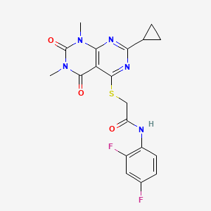 molecular formula C19H17F2N5O3S B2566589 2-((2-cyclopropyl-6,8-dimethyl-5,7-dioxo-5,6,7,8-tetrahydropyrimido[4,5-d]pyrimidin-4-yl)thio)-N-(2,4-difluorophenyl)acetamide CAS No. 896677-53-5