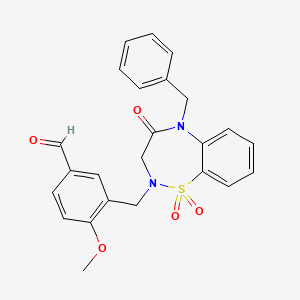 molecular formula C24H22N2O5S B2566594 3-((5-benzyl-1,1-dioxido-4-oxo-4,5-dihydrobenzo[f][1,2,5]thiadiazepin-2(3H)-yl)methyl)-4-methoxybenzaldehyde CAS No. 1029792-70-8