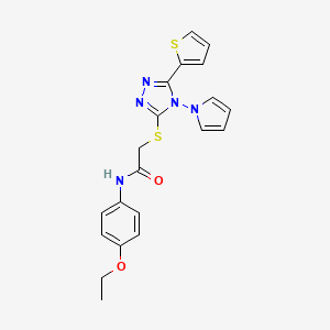 molecular formula C20H19N5O2S2 B2566605 N-(4-ethoxyphenyl)-2-{[4-(1H-pyrrol-1-yl)-5-(thiophen-2-yl)-4H-1,2,4-triazol-3-yl]sulfanyl}acetamide CAS No. 886934-43-6