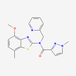 molecular formula C20H19N5O2S B2566631 N-(4-methoxy-7-methylbenzo[d]thiazol-2-yl)-1-methyl-N-(pyridin-2-ylmethyl)-1H-pyrazole-3-carboxamide CAS No. 1211633-80-5