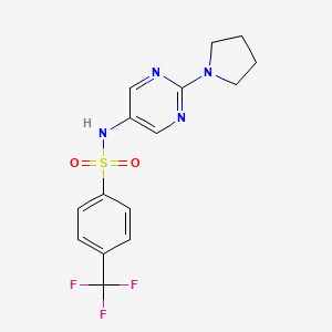 molecular formula C15H15F3N4O2S B2566649 N-(2-(pyrrolidin-1-yl)pyrimidin-5-yl)-4-(trifluoromethyl)benzenesulfonamide CAS No. 1396889-52-3