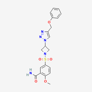 molecular formula C20H21N5O5S B2566664 2-甲氧基-5-((3-(4-(苯氧甲基)-1H-1,2,3-三唑-1-基)氮杂环丁-1-基)磺酰基)苯甲酰胺 CAS No. 2034250-27-4