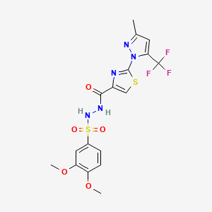 molecular formula C17H16F3N5O5S2 B2566665 3,4-dimethoxy-N'-({2-[3-methyl-5-(trifluoromethyl)-1H-pyrazol-1-yl]-1,3-thiazol-4-yl}carbonyl)benzenesulfonohydrazide CAS No. 956782-90-4