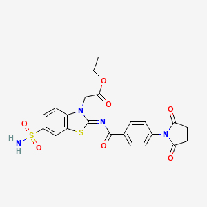 molecular formula C22H20N4O7S2 B2566678 Ethyl 2-[2-[4-(2,5-dioxopyrrolidin-1-yl)benzoyl]imino-6-sulfamoyl-1,3-benzothiazol-3-yl]acetate CAS No. 865247-85-4