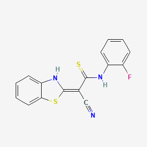 molecular formula C16H10FN3S2 B2566731 2-(1,3-Benzothiazol-2-yl)-3-[(2-fluorophenyl)amino]-3-sulfanylprop-2-enenitrile CAS No. 379255-65-9