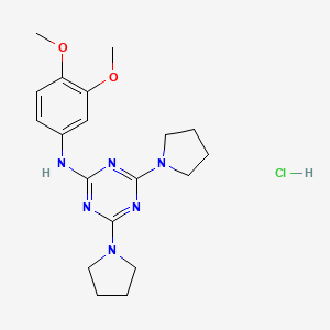molecular formula C19H27ClN6O2 B2566817 N-(3,4-dimethoxyphenyl)-4,6-di(pyrrolidin-1-yl)-1,3,5-triazin-2-amine hydrochloride CAS No. 1179452-08-4