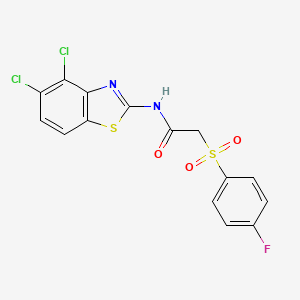 molecular formula C15H9Cl2FN2O3S2 B2566857 N-(4,5-二氯苯并[d]噻唑-2-基)-2-((4-氟苯基)磺酰基)乙酰胺 CAS No. 895484-00-1