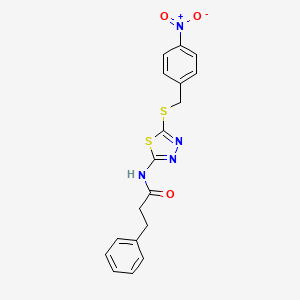 molecular formula C18H16N4O3S2 B2566898 N-{5-[(4-硝基苄基)硫代]-1,3,4-噻二唑-2-基}-3-苯基丙酰胺 CAS No. 476464-69-4