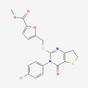 molecular formula C19H15ClN2O4S2 B2566922 Methyl 5-(((3-(4-chlorophenyl)-4-oxo-3,4,6,7-tetrahydrothieno[3,2-d]pyrimidin-2-yl)thio)methyl)furan-2-carboxylate CAS No. 687565-00-0