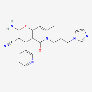 molecular formula C21H20N6O2 B2566953 2-amino-6-[3-(1H-imidazol-1-yl)propyl]-7-methyl-5-oxo-4-(pyridin-3-yl)-5,6-dihydro-4H-pyrano[3,2-c]pyridine-3-carbonitrile CAS No. 612053-54-0