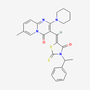 molecular formula C26H26N4O2S2 B2566961 (Z)-5-((7-methyl-4-oxo-2-(piperidin-1-yl)-4H-pyrido[1,2-a]pyrimidin-3-yl)methylene)-3-(1-phenylethyl)-2-thioxothiazolidin-4-one CAS No. 378752-56-8