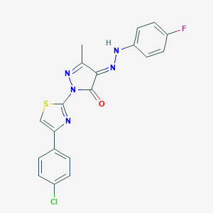 molecular formula C19H13ClFN5OS B256701 (4E)-2-[4-(4-chlorophenyl)-1,3-thiazol-2-yl]-4-[(4-fluorophenyl)hydrazinylidene]-5-methylpyrazol-3-one 