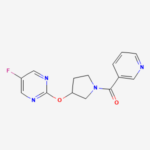 molecular formula C14H13FN4O2 B2567041 (3-((5-Fluoropyrimidin-2-yl)oxy)pyrrolidin-1-yl)(pyridin-3-yl)methanone CAS No. 2034360-13-7
