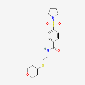 molecular formula C18H26N2O4S2 B2567087 4-(pyrrolidin-1-ylsulfonyl)-N-(2-((tetrahydro-2H-pyran-4-yl)thio)ethyl)benzamide CAS No. 1903842-43-2