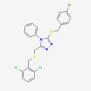 molecular formula C23H18BrCl2N3S2 B2567204 3-[(4-bromobenzyl)sulfanyl]-5-{[(2,6-dichlorobenzyl)sulfanyl]methyl}-4-phenyl-4H-1,2,4-triazole CAS No. 344271-28-9