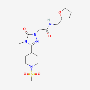 molecular formula C16H27N5O5S B2567364 2-(4-methyl-3-(1-(methylsulfonyl)piperidin-4-yl)-5-oxo-4,5-dihydro-1H-1,2,4-triazol-1-yl)-N-((tetrahydrofuran-2-yl)methyl)acetamide CAS No. 1105248-61-0