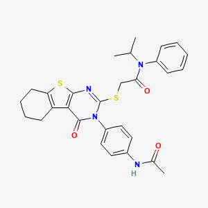 molecular formula C29H30N4O3S2 B2567365 2-[[3-(4-acetamidophenyl)-4-oxo-5,6,7,8-tetrahydro-[1]benzothiolo[2,3-d]pyrimidin-2-yl]sulfanyl]-N-phenyl-N-propan-2-ylacetamide CAS No. 380340-58-9