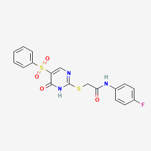 molecular formula C18H14FN3O4S2 B2567426 2-[[5-(benzenesulfonyl)-6-oxo-1H-pyrimidin-2-yl]sulfanyl]-N-(4-fluorophenyl)acetamide CAS No. 866810-49-3