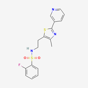 molecular formula C17H16FN3O2S2 B2567436 2-氟-N-(2-(4-甲基-2-(吡啶-3-基)噻唑-5-基)乙基)苯磺酰胺 CAS No. 873010-06-1