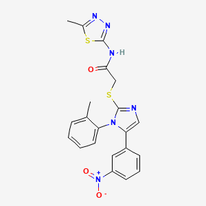 molecular formula C21H18N6O3S2 B2567443 N-(5-methyl-1,3,4-thiadiazol-2-yl)-2-((5-(3-nitrophenyl)-1-(o-tolyl)-1H-imidazol-2-yl)thio)acetamide CAS No. 1234987-71-3