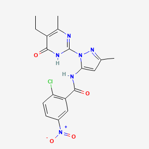 molecular formula C18H17ClN6O4 B2567466 2-chloro-N-(1-(5-ethyl-4-methyl-6-oxo-1,6-dihydropyrimidin-2-yl)-3-methyl-1H-pyrazol-5-yl)-5-nitrobenzamide CAS No. 1002958-47-5
