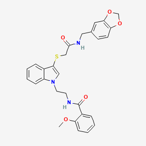 molecular formula C28H27N3O5S B2567472 N-[2-[3-[2-(1,3-benzodioxol-5-ylmethylamino)-2-oxoethyl]sulfanylindol-1-yl]ethyl]-2-methoxybenzamide CAS No. 862826-20-8