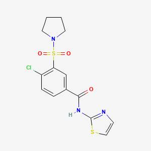molecular formula C14H14ClN3O3S2 B2567523 4-chloro-3-pyrrolidin-1-ylsulfonyl-N-(1,3-thiazol-2-yl)benzamide CAS No. 796988-09-5