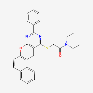 molecular formula C27H25N3O2S B2567561 N,N-二乙基-2-[(2-苯基-5H-12-氧杂-1,3-二氮杂四苯-4-基)硫烷基]乙酰胺 CAS No. 895649-01-1