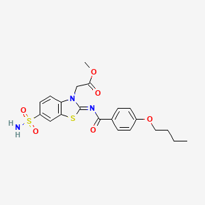 molecular formula C21H23N3O6S2 B2567563 2-[2-(4-丁氧基苯甲酰)亚氨基-6-磺酰氨基-1,3-苯并噻唑-3-基]乙酸甲酯 CAS No. 887206-42-0