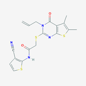 molecular formula C18H16N4O2S3 B256761 N-(3-cyanothiophen-2-yl)-2-{[5,6-dimethyl-4-oxo-3-(prop-2-en-1-yl)-3H,4H-thieno[2,3-d]pyrimidin-2-yl]sulfanyl}acetamide 